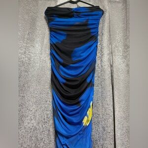 Zara Vibrant Blue and Black Midi Dress with Yellow Detail